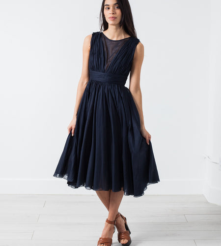 Voile V-Neck Dress in Navy