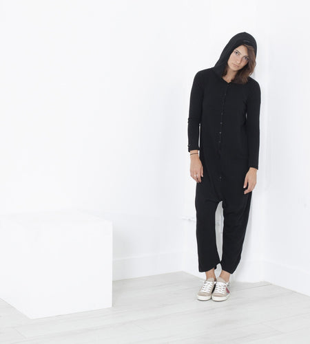 Knit Hooded Jumpsuit in Black