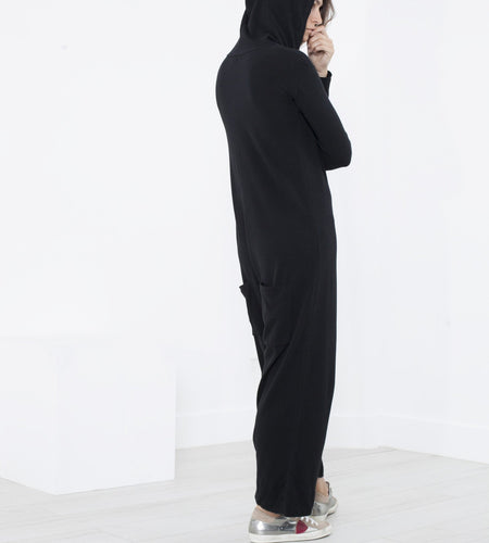Knit Hooded Jumpsuit in Black