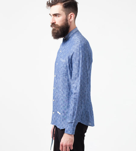 Linen Button Up in Blue Diamond