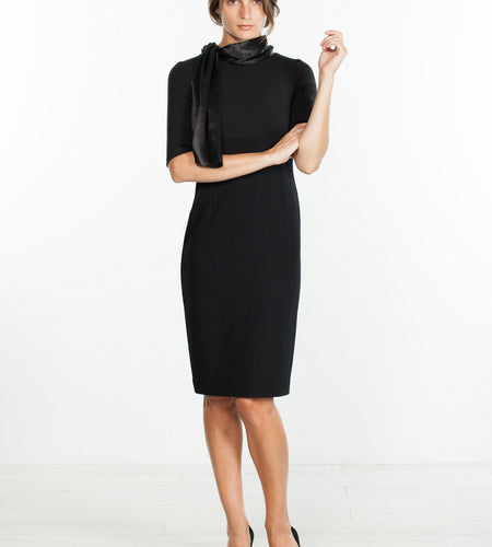Tie Neck Wool Dress in Black