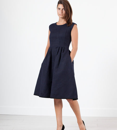 Pleated Rita Dress in Dark Navy