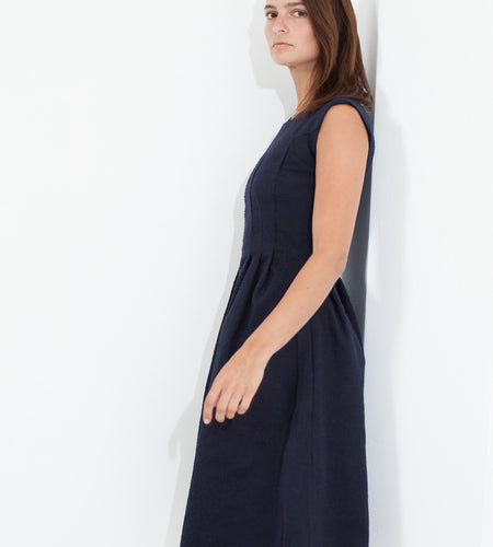 Pleated Rita Dress in Dark Navy
