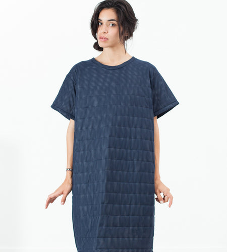 Quilted Mesh T-Shirt Dress in Navy
