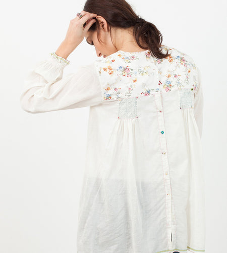 Floral Front Peasant Blouse in White