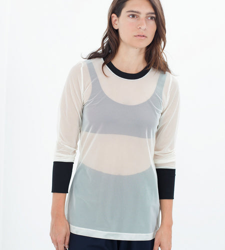Cuffed Mesh Tee in Cream/Black
