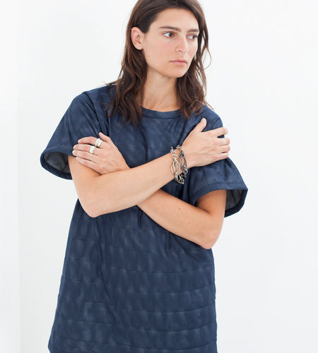 Quilted Mesh Mini Dress in Navy