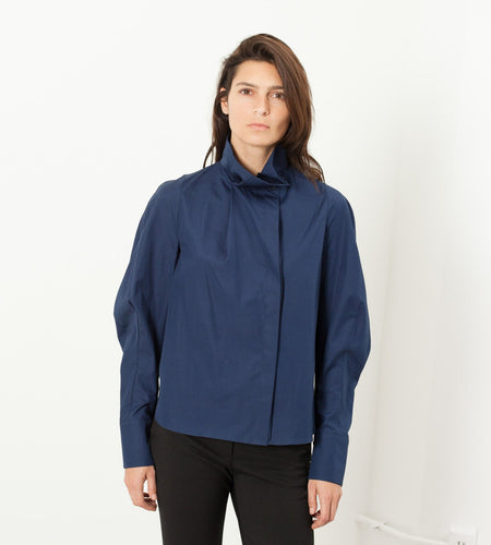Full Collar Poplin Blouse in Navy