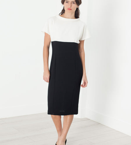 Pearl Fastened Dress in Cream/Black