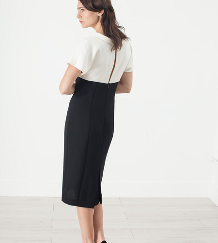 Pearl Fastened Dress in Cream/Black