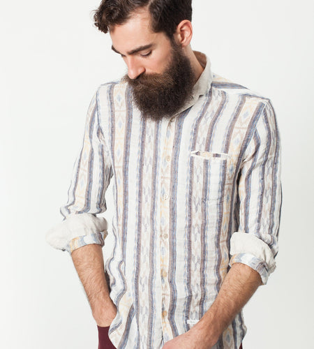 Linen Western Shirt in Beige/Blue