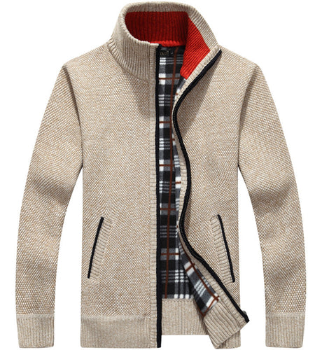 Winter Thick Men's Knitted Sweater Coat Off White Long Sleeve Cardigan Fleece Full Zip Male Causal Plus Size Clothing for Autumn