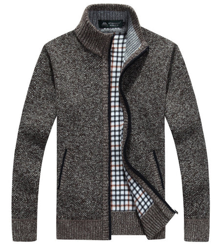 Winter Thick Men's Knitted Sweater Coat Off White Long Sleeve Cardigan Fleece Full Zip Male Causal Plus Size Clothing for Autumn